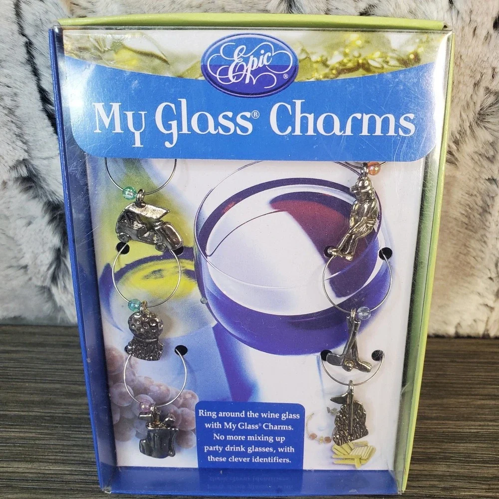 Golf Themed Wine Charms - Set Of 6 Unique Designs -Open Box